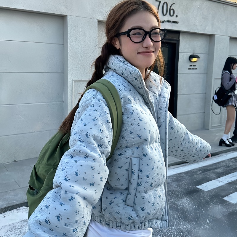 2025년 겨울 신상 작은 꽃무늬 면 재킷 여성용 스탠드 칼라 두꺼운 보온 면 재킷 짧은 스타일 다용도 패션 코트 트렌디
