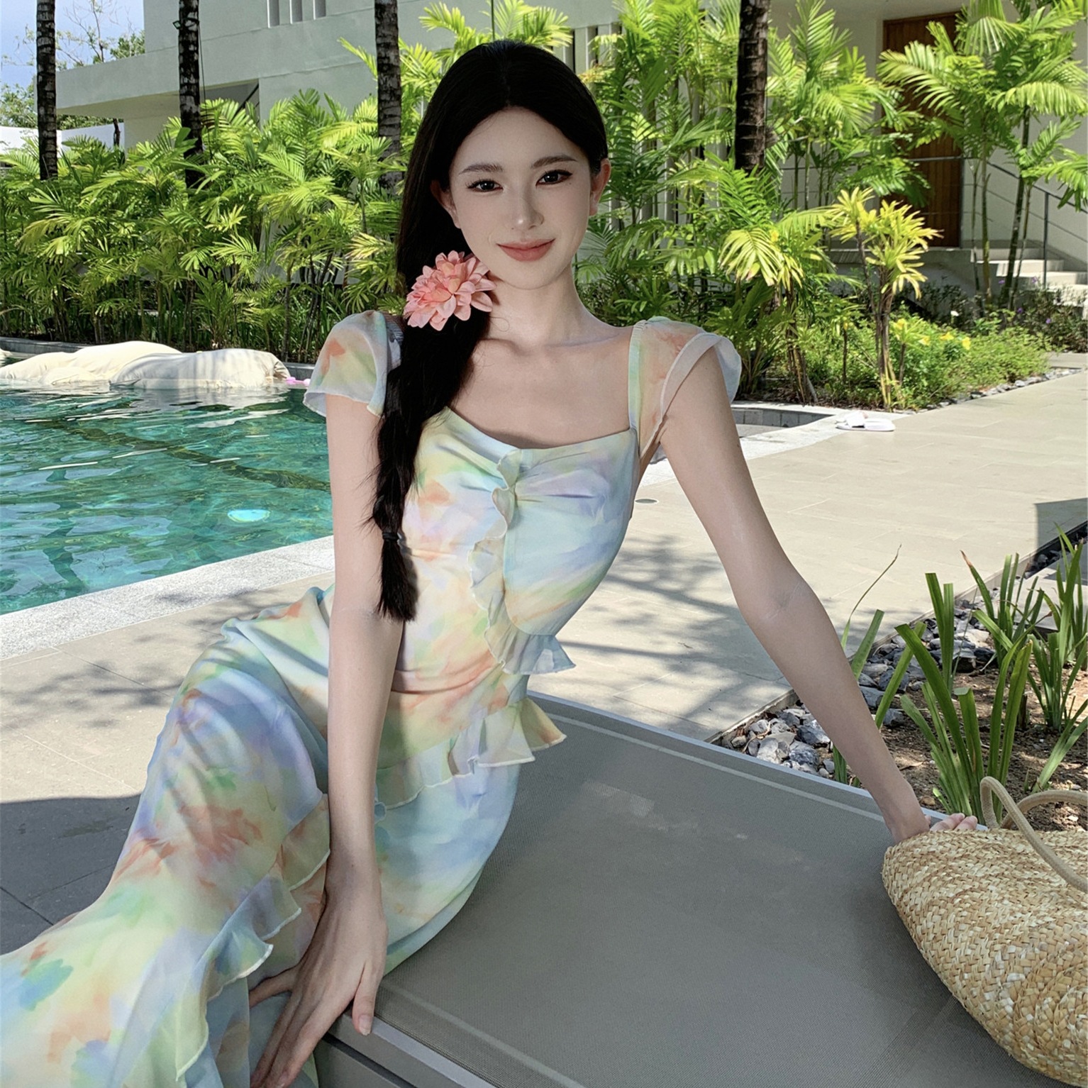 French Chiffon Elegant Vacation Slimming dress Oil Painting Flying Sleeve Long Dress Fairy