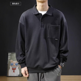 2024 Autumn Youthful Popular Loose Long Sleeve Polo Shirt Men's Solid Design Washed Trendy All-Match Casual Top