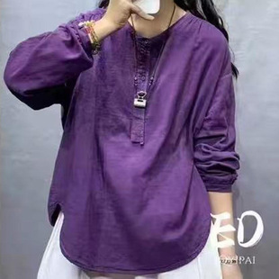 Summer New Arrival Artistic Retro Solid Color Double-Layer Cotton Yarn Shirt Women's Loose plus size Casual All-Match Trendy Short-Sleeved Top
