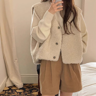 Korean Style Gentle Retro V Neck Age-Reducing Sleeveless Vest Lamb Wool Waistoutwear Vest Jacket for Women