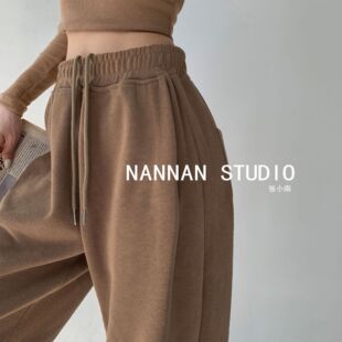 [Knitted cotton] European and American style street shooting sports pants for women Spring and Autumn new outdoor wear loose drawstring ankle-tied Pants Sweatpants fashion