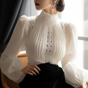 2024 this year's popular hot shirt spring new high-end feeling super good-looking white bubble sleeve collar top women