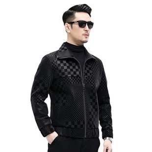 Autumn and Winter New Brand Chessboard Men's Leather Fashion Casual Lapel Zipper Leather Jacket Men's Coat