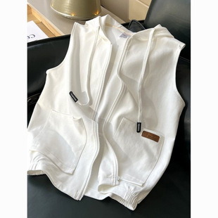 Vest Women's Spring and Autumn Sports Casual Solid Color Outer Wearing Vest Hooded Cardigan Sleeveless Sweater Vest Hooded Jacket