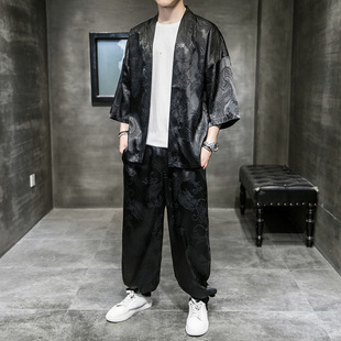 Chinese Style Dragon Robe suit Men's Summer Ice Silk Hanfu Men's Short-sleeved Cardigan Ancient Style Robe Loose Tang Suit Clothes