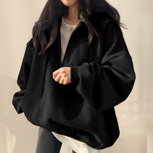 Cross-border Taiwan Korean version of loose zipper inner bristles hoodie long sleeve top women's T-shirt winter hot clothes