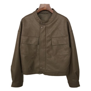 Design Sense Stitching Leather Jacket Women's Spring and Autumn Fashion All-match Short Motorcycle Korean Style Loose Simple PU Leather Jacket
