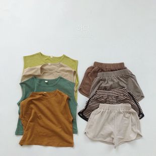 Retro Japanese and Korean Style Children's Solid Color Small Shorts Unisex South Korea Striped Hedge Hot Pants for Boys and Girls Loose Shorts