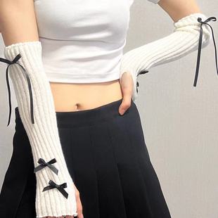 Bow Hand Sleeve Half Finger Gloves Women's Knitted Wool Girl's Spice Ribbon Sleeve Fashionable Ballet Arm Sleeve