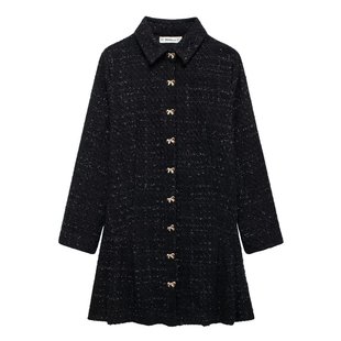 2024 Autum Ins Women's Black Long-Sleeved Stereo Mini Dress