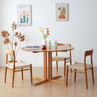 Nordic Vintage Pure Solid Wood Round Dining Table Household Round Table Cherry Wood Furniture Simple Middle Ancient Dining Table and Chair Combination