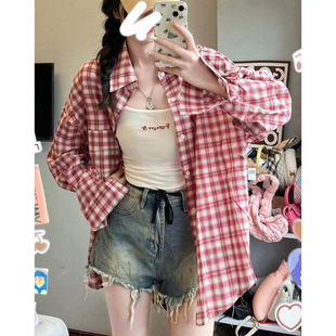 Power Style Wear Plaid Shirt Women's Inner Wear Retro Loose Lazy Style Shirt Cardigan Coat Long Sleeve Top