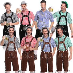 German beer clothing adult men's suspenders suit blue plaid shirt Bavarian traditional clothing men's clothing