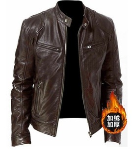 Southern winter warm button fashion domineering motorcycle men's multi-pocket PU coat stand collar zipper cardigan leather jacket