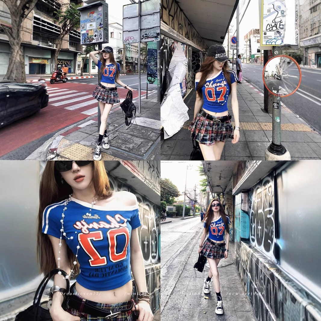 미국 스타일 불규칙한 경사 어깨 탑 여성의 여름 순수 스파이스 소녀 타이트 짧은 디자인 센스 컬러 대비 반팔 티셔츠 Ins