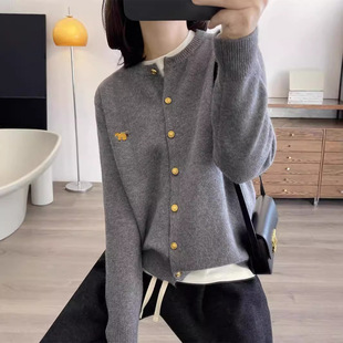 Early Spring Crewneck Wool Knitted Cardigan Women's Coat Pony Animal Embroidered Sweater Thin Top