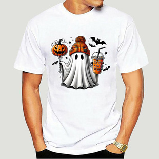 Men's Summer T-Shirt Cute Ghost Coffee Pumpkin Halloween Pattern Print Casual Sports O-Neck Short-Sleeved T-Shirt
