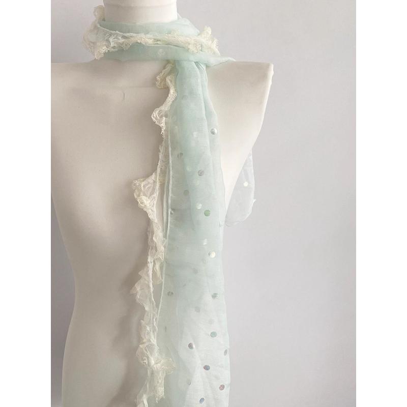 Polka Dot Lace Trim Sheer Scarf for Women, Summer Versatile Sun Protection Fresh Forest Style Silk Scarf, Super Fairy-Like and Fashionable