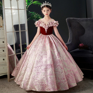 New red children's host dress female catwalk birthday piano performance princess dress girls dress small model