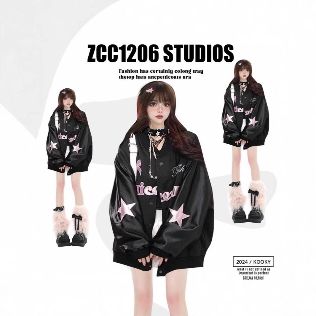 American Style Retro Bow Star Embroidered Baseball Suit Coat Women's Autumn and Winter Sweet Cool Spice Girl Loose Jacket Tops Trendy