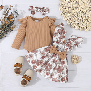 Cross-border Foreign Trade Infant European and American Pastoral Style Simple 3-piece Set Haku Bow Floral Skirt
