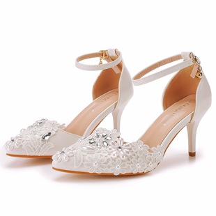 9cm White Lace Flower Wedding Shoes One-word Wristlet Bridal Shoes Hollow Stiletto Heel Pointed Toe Wedding Dress Women's Sandals