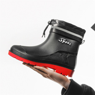New rain boots men's short tube fashion non-slip rain boots fleece-lined warm rubber shoes kitchen work short water shoes overshoes
