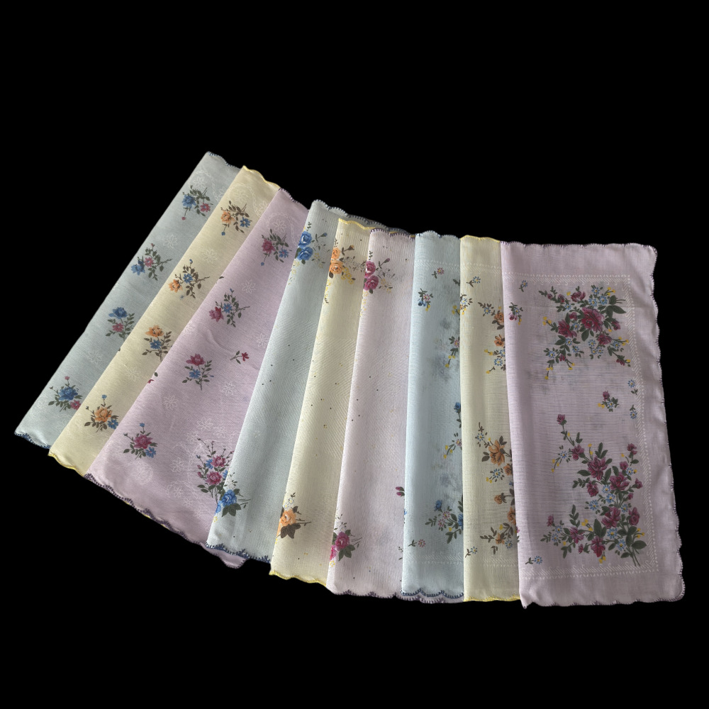 Cross-border selling 29CM color bottom small floral crescent edge printed cotton women's handkerchief refreshing flowers 9PCS
