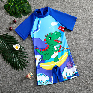 Boys' Short-sleeved One-piece Swimsuit 2025 Summer New Children's Sunscreen Boys' Seaside Cartoon Swimsuit Equipment
