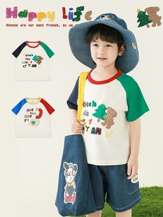 Wulibuyi Boys 2025 Summer New Cartoon Contrast Color Round Neck T-Shirt Loose Casual Cool Children's Top
