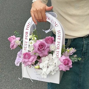 Goddess Festival Internet Celebrity Simple Flower Portable Box Packaging Box Flower Shop Flower Art Class Flower Box Flower Box Portable Flower Blue