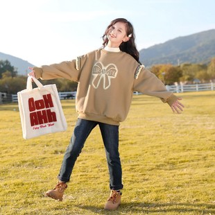 Autumn and Winter Girls Fake Two-piece Letter Embroidered fleece-lined Sweaters Girls Sweet Bow Loose Casual Long-sleeved Top