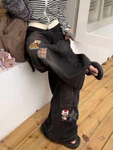 American Vintage plus size Cute Wide Leg Pants Washed Cartoon Embroidery Design Sense Jeans Women's Loose Trousers
