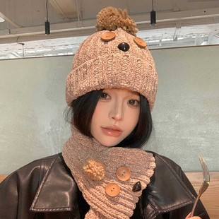 Cute Big Head Wool Hat Women's Autumn and Winter Ear Protection Pullover Hat Scarf One-piece Warm Knitted Cold Hat Lei Feng Hat