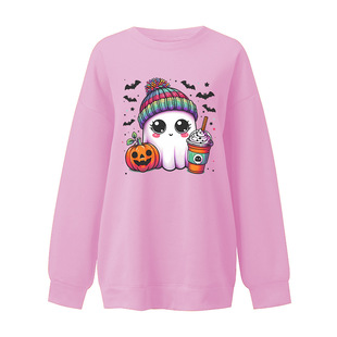 2024 Cross-border Shoulder Loose Crewneck Sweat Women's Halloween Home Ghost Pumpkin Print fleece-lined Top