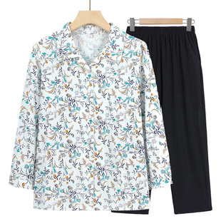 Grandma's Summer Cotton Shirt Women's Middle-aged and Elderly Summer Long-sleeved Mother's Lapel Top Old Lady's Cotton Clothes