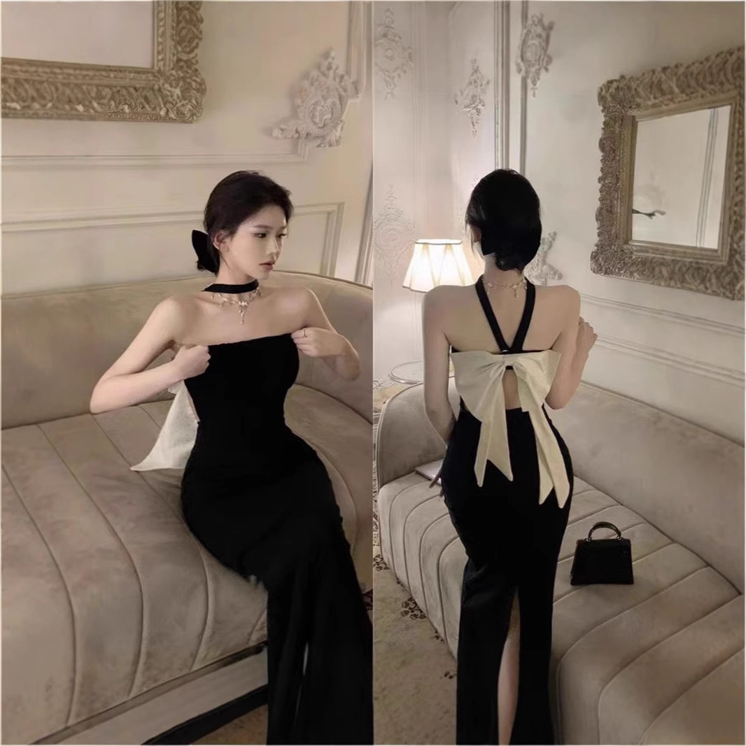 Birthday party small dress sexy dress halter backless bow strapless skirt black waist hip skirt