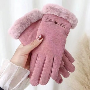 Gloves Women's Winter fleece-lined Thickened Warm Ins Cute Touch Screen De Velvet Fall/Winter Electric Car Cold-proof Riding Gloves