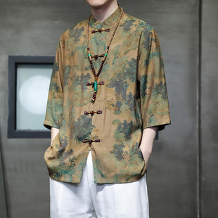 2024 Summer New Chinese Style Men's Ice Silk Printed Tang Suit Hanfu Short-sleeved Large Size Trendy Half-sleeved Shirt