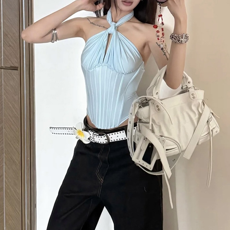 Amazon Cross-Border Popular Women's Solid Color Halterneck Lace-Up Navel-Baring Fishbone Line Sexy Hot Girl Short Vest for Women