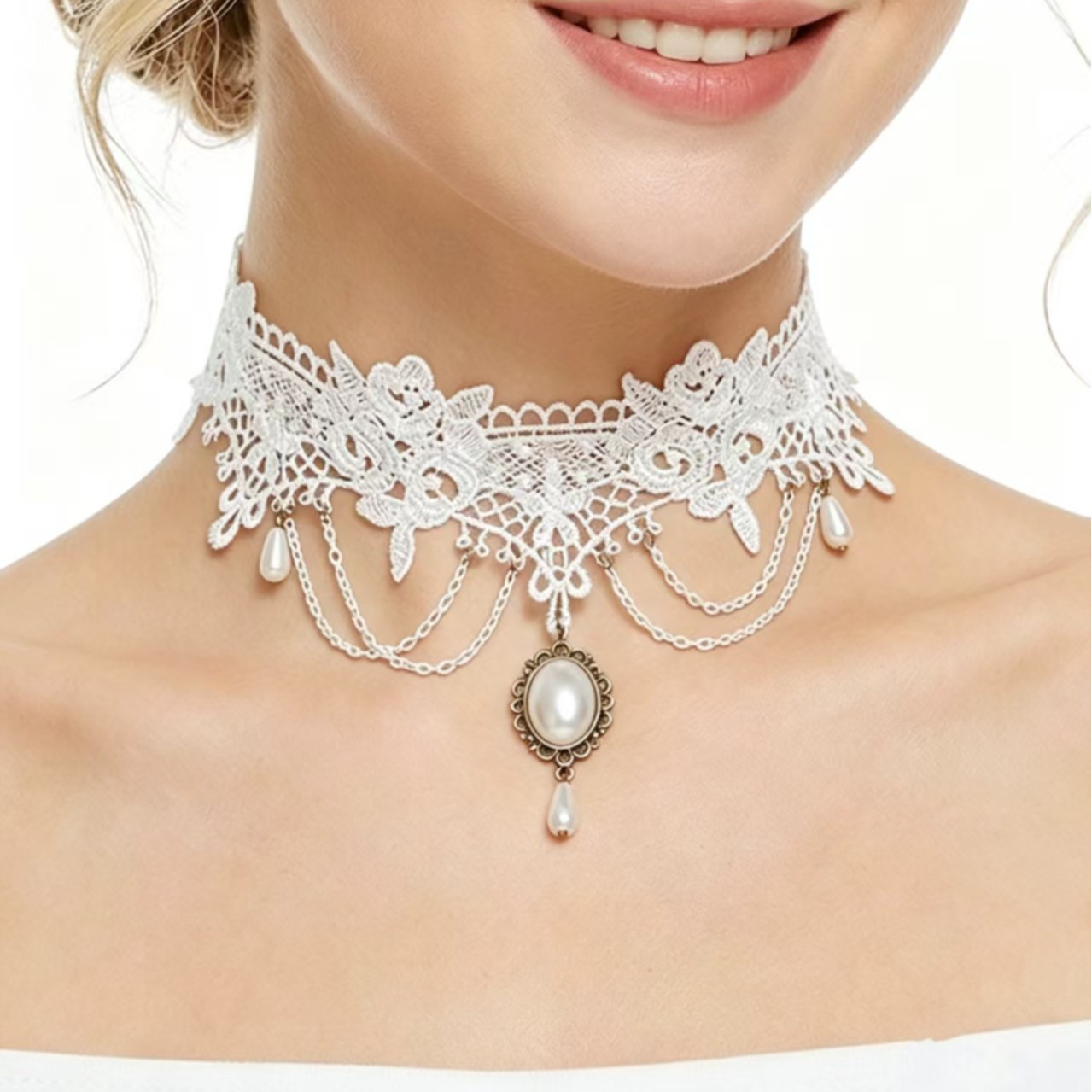 European and American Accessories White Lace Necklace Neck Ornament Choker Female Clavicle Chain Tassel Collar Female Neck Strap