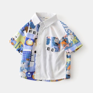 Fashion summer wholesale 2025 new boys short sleeve shirt Korean baby printing stitching short sleeve shirt generation