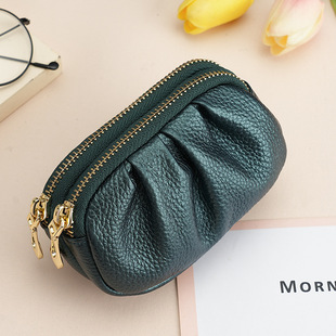 European-style Mini Coin Purse Women's Simple Genuine Leather Multi-function Practical Elegant Pleated Double-layer Zipper Coin Bag for Women