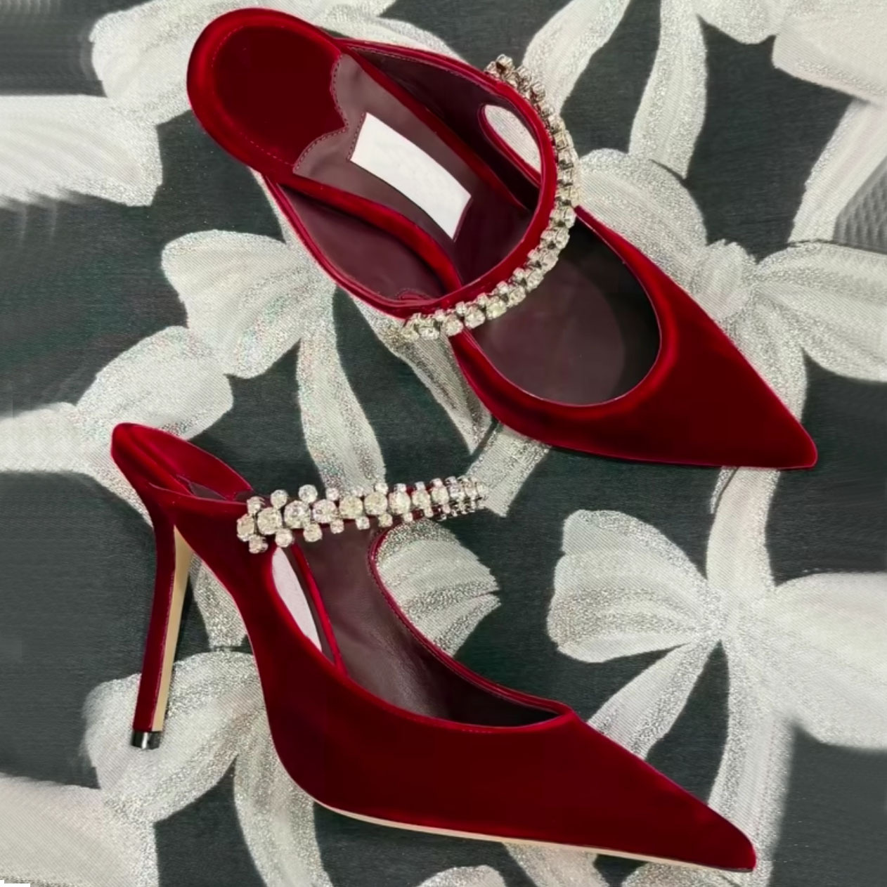 Jc Style Rhinestone Patent Leather Sandals for Women, Single Strap Pointed Toe High Heels, Thin Heel Closed-Toe Mules, Flat Sandals