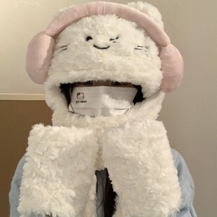 Cute Cartoon Headset Kitten Fluffy Hat Women's Autumn and Winter Thickened Warm Hat Scarf Integrated Ear Protection Lei Feng Hat