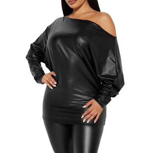 F1799 Amazon cross-border European and American autumn and winter New black off-neck leather clothing fashion tight trousers suit
