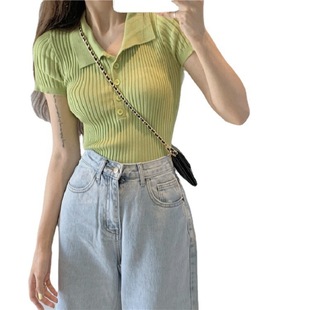2022 summer New Online Celebrity Slim fit slimming short top Korean style retro small lapel short sleeve knitted T-shirt for women