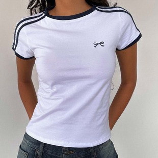 European and American women's bow embroidered Gothic crop top streetwear vintage casual short sleeve T-shirt y2g clothes