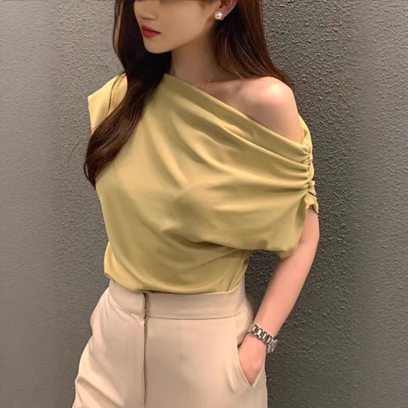 Cross-border chic top, new summer style, unique irregular off-shoulder design, loose solid color pullover short-sleeved T-shirt
